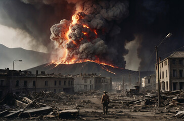 Destruction during the war conflict in the city with eruptions in the background - obrazy, fototapety, plakaty