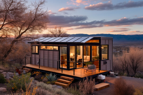 Beautiful house with solar panels on the roof under a bright sky. Sustainable and clean energy at a new eco friendly home.