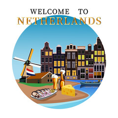 Set of illustrations of the country of the Netherlands. Houseboats in Amsterdam, herring with pickles, windmill, mug and bottle of beer, cheese, tulips, map and flag of the Netherlands