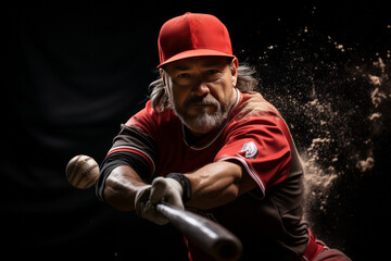 Portrait of a baseball player hitting the ball with a bat.