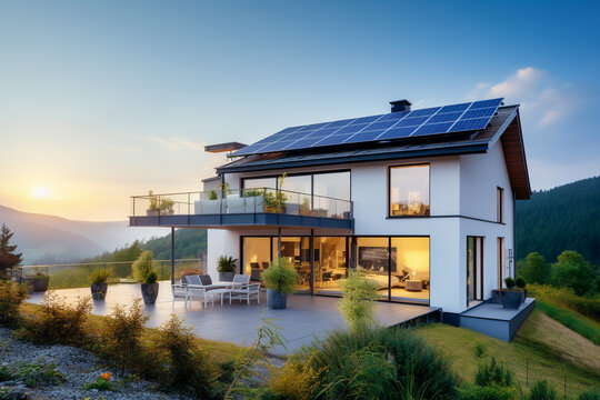 Beautiful house with solar panels on the roof under a bright sky. Sustainable and clean energy at a new eco friendly home.