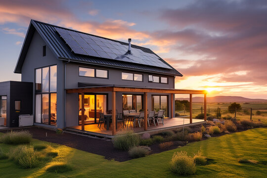 Beautiful house with solar panels on the roof under a bright sky. Sustainable and clean energy at a new eco friendly home.