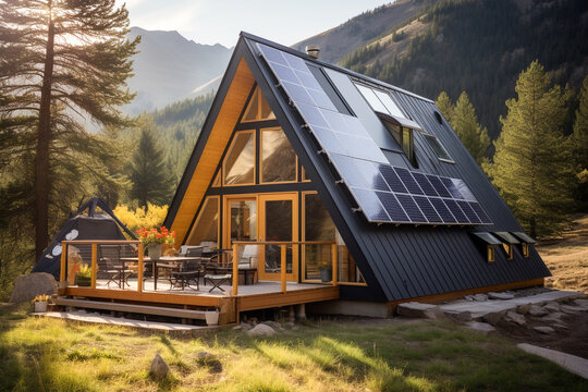 Beautiful house with solar panels on the roof under a bright sky. Sustainable and clean energy at a new eco friendly home.