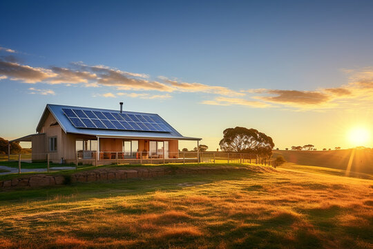 Beautiful house with solar panels on the roof under a bright sky. Sustainable and clean energy at a new eco friendly home.