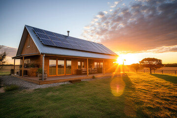 Beautiful house with solar panels on the roof under a bright sky. Sustainable and clean energy at a new eco friendly home.