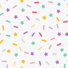 Simple minimalistic seamless pattern, multicolored playful hand drawn cute lines and stars on a white background. Sugar sprinkles on a donut, confetti, cupcake.