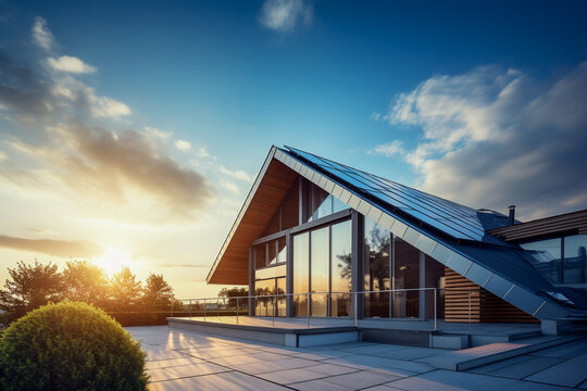 Beautiful house with solar panels on the roof under a bright sky. Sustainable and clean energy at a new eco friendly home.