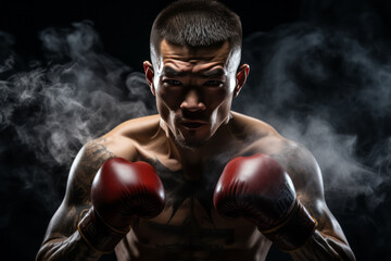 Portrait of an Asian boxer in a boxing stance on a black background.