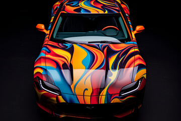 A Top View of a Sports Car's Hood with Artistic Vinyl Wrap