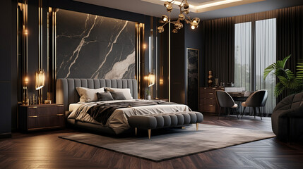 Bedroom decor, home interior design . Art Deco Glamorous style with Chandelier decorated with Brass and Marble material