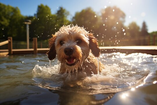 Adorable Lagotto Romagnolo Dog Enjoying a Refreshing in the Water on a Sunny Day