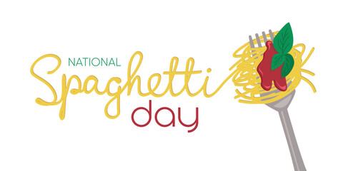 National Spaghetti Day text banner. Handwriting text and spaghetti on fork with tomato sauce and basil