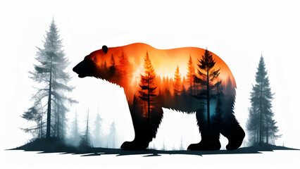 Silhouette of a bear against the backdrop of a winter forest, AI generated