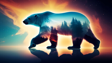 Polar bear in surreal landscape. 3d illustration, AI generated