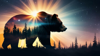 Bear in the night forest. 3D rendering, AI generated