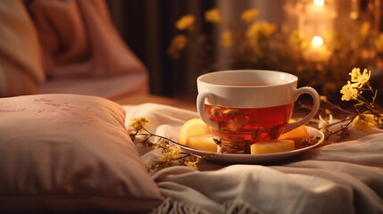 Cup of calming herbal tea with bag in home interior