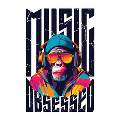 T-shirt or poster design with a monkey listening to music on headphones - 695348735