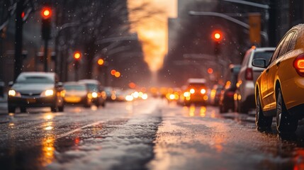 Rainy Evening Commute in the City - obrazy, fototapety, plakaty