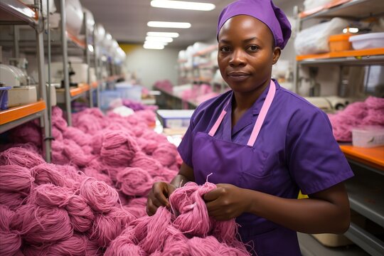 African American black woman working at yarn factory, demonstrating expertise in textile manufacturing