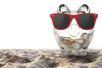 Piggybank with red sunglasses on the beach. 3d rendering