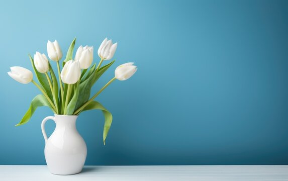 Tulips in a white vase on a color background