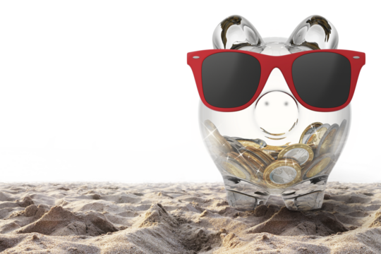 Piggybank with red sunglasses on the beach. 3d rendering