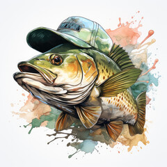 watercolor Bass Fish Sunglasses Baseball Cap clipart, Generative Ai