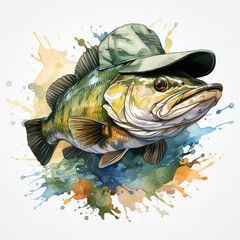 watercolor Bass Fish Sunglasses Baseball Cap clipart, Generative Ai