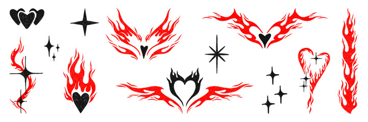 Set of hand drawn y2k style flame elements, heart shape, star, fire. Trendy grunge scrawl icon for stickers. Freehand pencil drawing vector illustration.