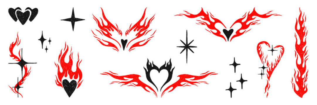 Set Of Hand Drawn Y2k Style Flame Elements, Heart Shape, Star, Fire. Trendy Grunge Scrawl Icon For Stickers. Freehand Pencil Drawing Vector Illustration.