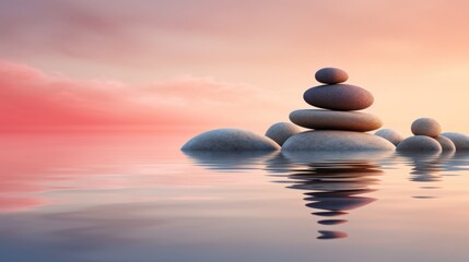 Fototapeta na wymiar Zen Stones - Serene Sunset Reflections in Water
