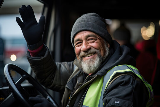 Generative AI image of cheerful truck driver greeting