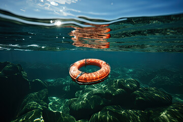 Generative AI image of a lifebuoy floating on a clear sea