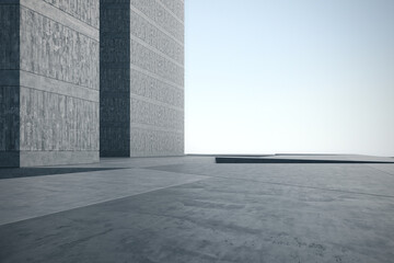 Empty concrete floor with building. 3d rendering of abstract architecture background. - obrazy, fototapety, plakaty