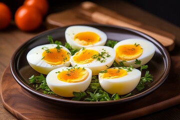 A plate of freshly cooked and peeled hard-boiled eggs, cut in half to reveal their hard yolks, presented on a rustic table setting