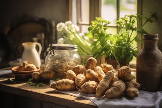 Fresh Jerusalem artichokes on a vintage wooden table, bathed in the soft glow of afternoon sunlight