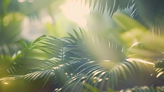 Tropical coconut palm leaf swaying in the wind with sun light, Summer background, slow motion. Beautiful tropical leaves in the wind Copy space