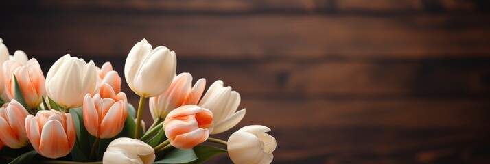 Wooden Cross Fresh Spring Tulip Flowers , Banner Image For Website, Background, Desktop Wallpaper