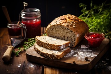 Close-up view of a loaf of whole wheat bread, cut into slices, served with homemade jam