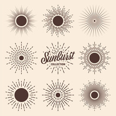 Vintage sunburst, sunset beams collection. Hand drawn bursting sun, light rays. Logotype or lettering design element in retro style. Vector illustration