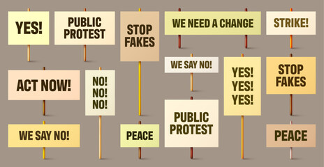 Colorful protest signs with slogan on wooden holder. Realistic vector demonstration banner. Strike action cardboard placard mockup