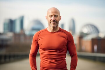 Fototapeta premium Portrait of a tender man in his 40s showing off a lightweight base layer against a vibrant city skyline. AI Generation