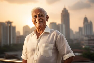 Portrait of a content indian man in his 60s wearing a classic white shirt against a vibrant city skyline. AI Generation