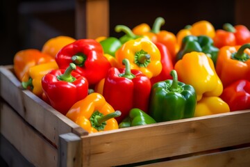 An eye-catching array of red, yellow, green, and orange bell peppers freshly harvested and displayed in a wooden crate