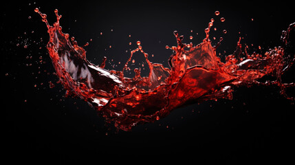 Splashes of red wine from dark-coloured grape varieties. Black background. Generative AI - obrazy, fototapety, plakaty