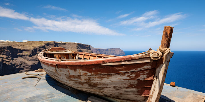 Vintage boat on the roof at Santorini Island stock phot Damaged fishing boat Stock Photo with sand and clouds on the sky background and side of water Ai Generative