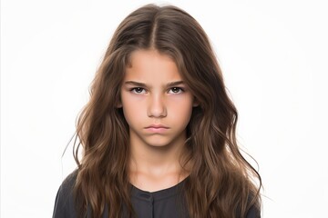 Naklejka premium Anxious young girl with a distressed expression standing alone on a plain white background