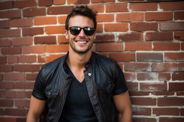 Obraz premium Portrait of a smiling man in his 30s wearing a trendy sunglasses against a vintage brick wall. AI Generation
