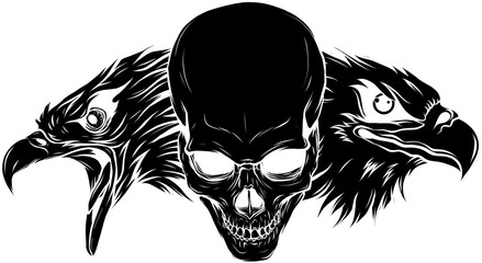 vector illustration black silhouette of two head eagle with skull - obrazy, fototapety, plakaty