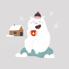 Vector illustration with a yeti monster having a cup of tea among winter scene